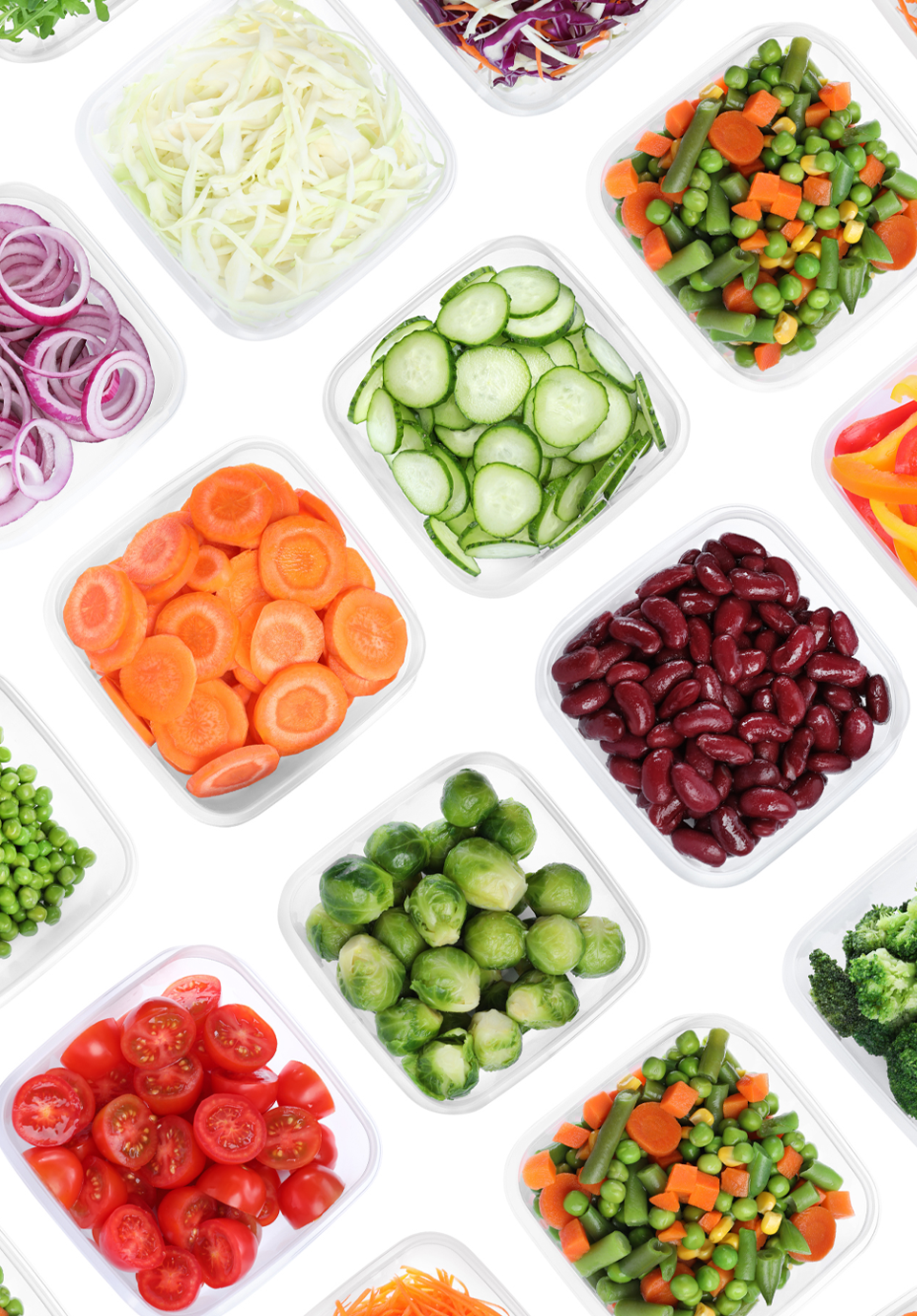 Assorted fresh vegetables in white bowls for a low FODMAP elimination diet phase